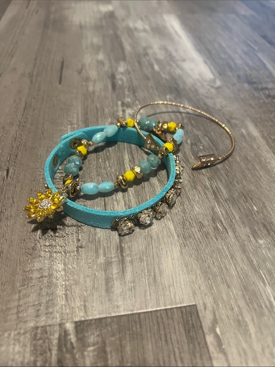 Bomb Party Jewelry - Turquoise & Yellow Beaded Bracelet Stack with Sunburst Charm
